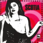 Black and white image of Scotia posing, pink and red star-bordered background, OBEY Records #84